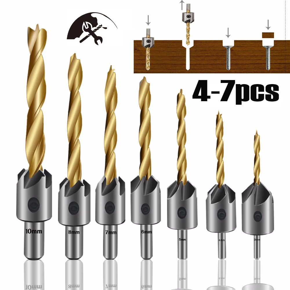 3-10MM Countersink Drill Bit Carpentry Woodworking Boring Tool Round Shank With Hex Key
