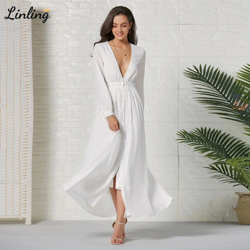 

LINLING Plus Size Simple White Formal Evening Dresses Women Party Night robe de soiree 2020 Deep V-Neck Long Sleeves Gowns