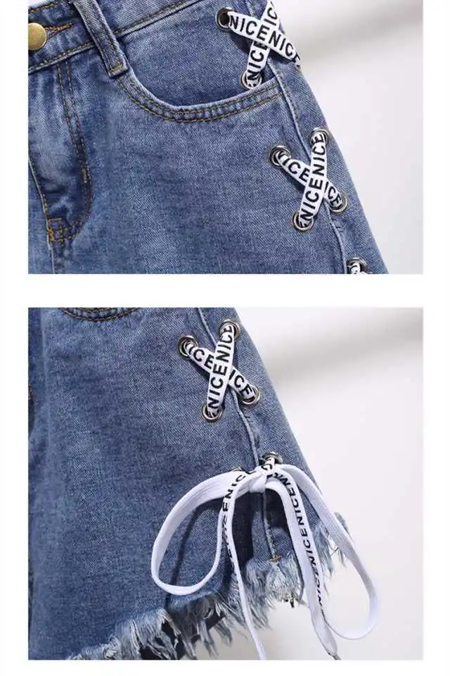 Korean-style New Style Large Size Fat Mm Flash Bandage Cloth High-waisted Denim Shorts Female Summer Loose-Fit Slimming Wid