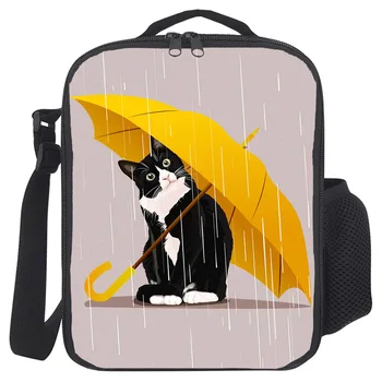 

Portable Lunch Bag for Women Men Yellow Umbrella Cat Lunch Box Pouch School Food Storage Bags Shoulderbag