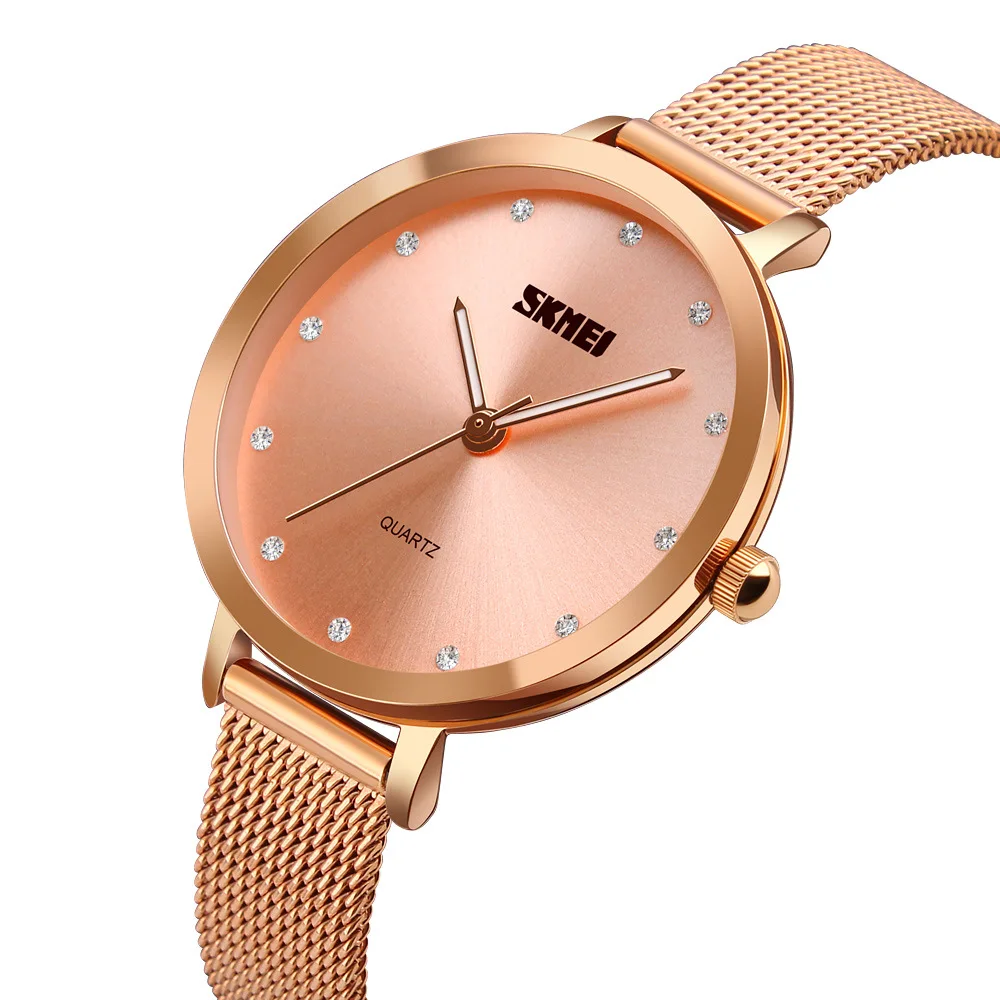 

Skmei 1291 WOMEN'S Quartz Watch Alloy Mesh Belt Simple Three Needle round Plates Diamond Set Waterproof Watch