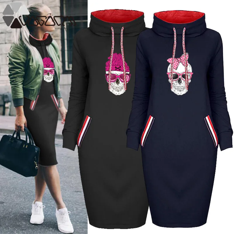 

Skull Print Women Dress Plus Size Midi Autumn Long Sleeve Turtleneck Dresses Casual Vintage Party Club Bodycon Streetwear
