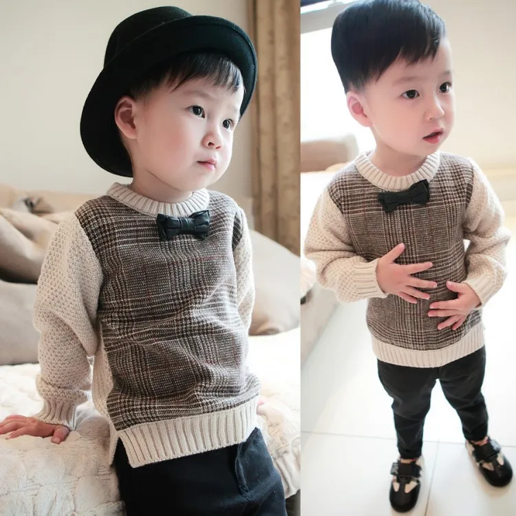 

Kids' Sweater 2018 Autumn And Winter BOY'S Bow Brushed And Thick Korean-style New Style Sweater Plaid Yarn Childrenswear