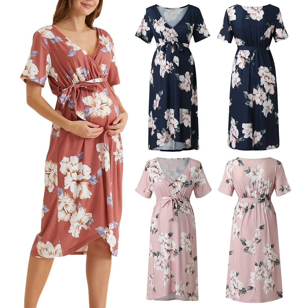 

TELOTUNY Maternity Dress Women Floral Print Short Sleeve V-neck Maxi Long Dress Pregnant Casual Clothes Summer Maternity Dress