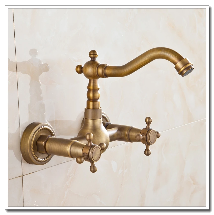 Vidric Wall Mounted Kitchen Sink Faucet Dual Handle Antique Brass Bronze Hot and Cold Swivel Kitchen Faucets EL1310