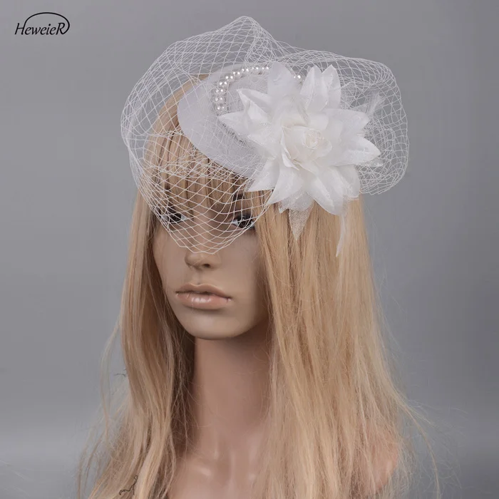 White Женский головной убор, шляпка, Цветочная вуаль, бусины, перья, чародей, заколки для волос, головной убор, свадебные, Коктейльные, вечерние, аксессуары - Цвет: White