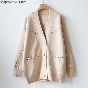 

French Elegant 19 Metal Buckle V Collar Pocket Wool Knitting Shirt Women's Wear Cardigan Joker Coat