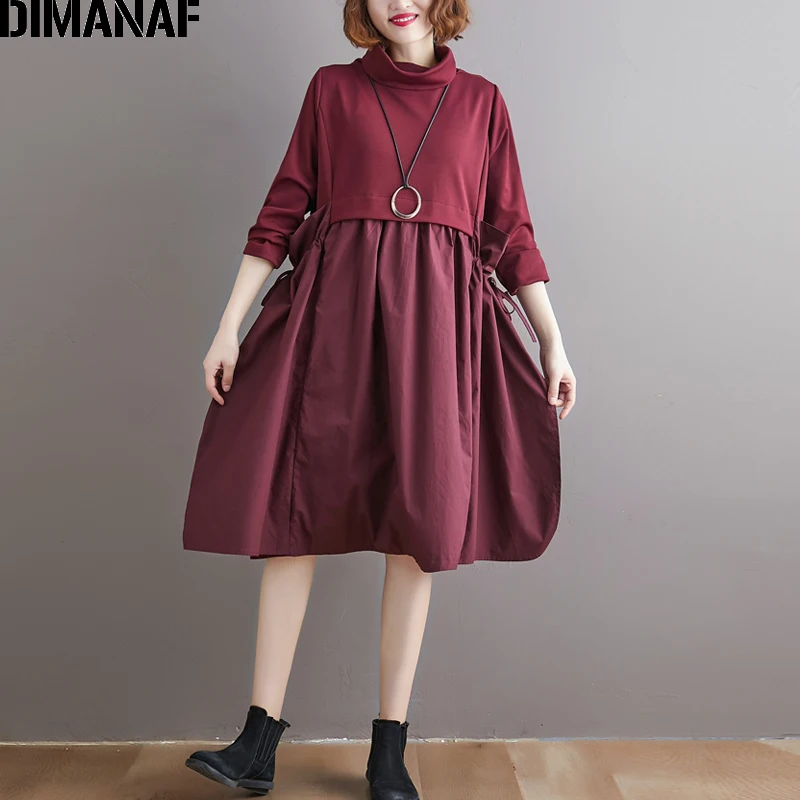 DIMANAF Women Dress Turtleneck Long Sleeve Cotton Office Lady Elegant Vestidos Pleated Oversize Female Clothes Autumn Winter | Женская
