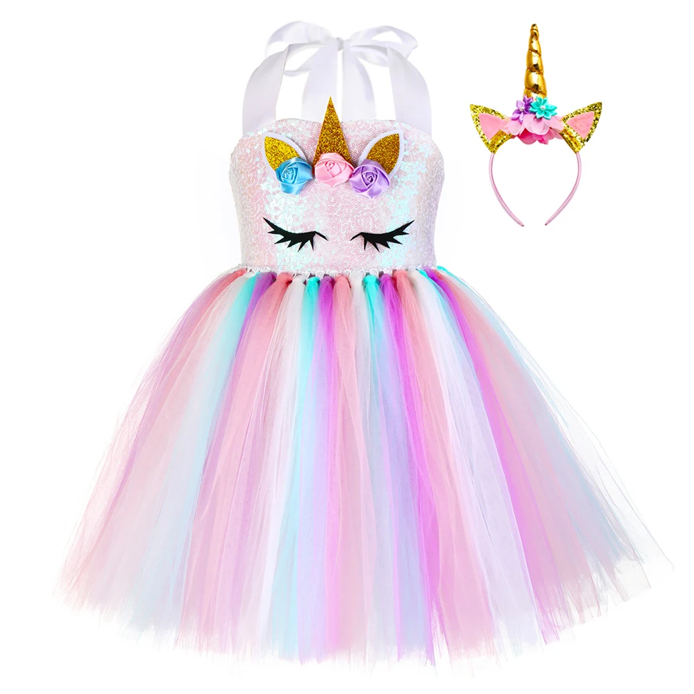 

Pastel Sequins Girls Unicorn Tutu Dress Set Princess Flowers Girl Birthday Party Dress Up Kids Halloween Unicorn Costume Outfit