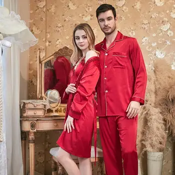 

Ice Silk Satin Sleepwear Couple Pajamas Set Women Men Homewear Long Sleeve Pyjamas Long Pants Nightwear 2 Piece Sets Loungewear