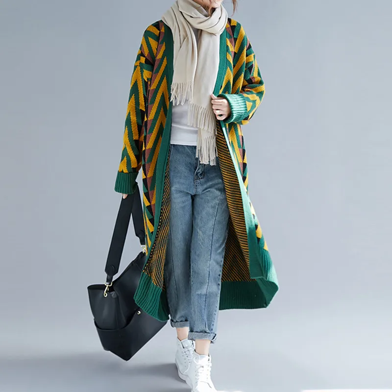 Ретро контрастный цвет женский длинный кардиган поп стиль геометрические модные большие свитера уродливые корейские свободные прямые вязаные пальто