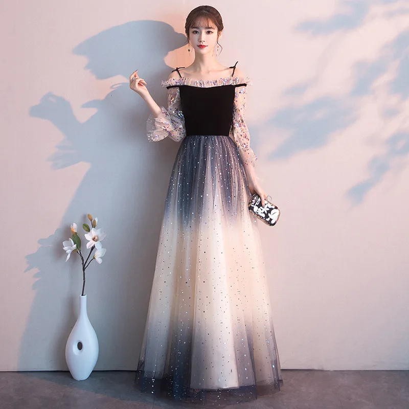 

Evening Dresses Gradient Color Bling Sequins Women Prom Dress A Line Floor Length Tulle Party Gowns Sling Robe De Soiree E355