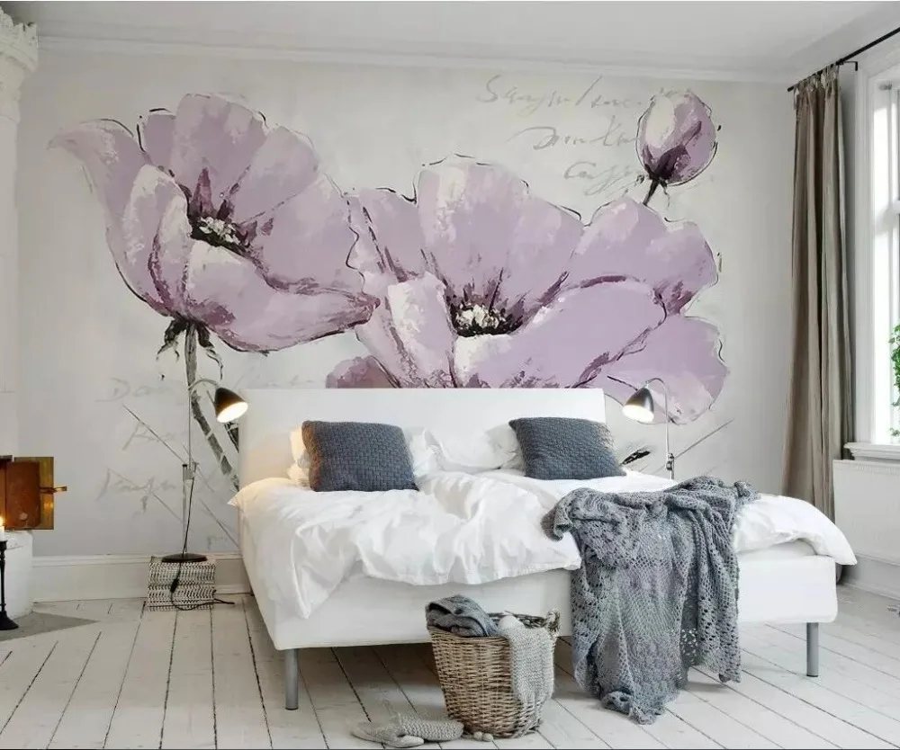 

Custom wallpaper simple fashion beautiful purple flowers living room bedroom sofa background wall
