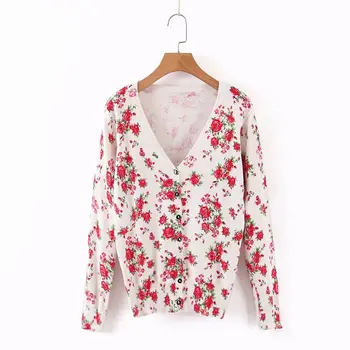 

Stylish Chic Women Floral Print Cardigans 2019 Autumn Fashion Streetwear Knitwear Casual Female SIngle Breasted V-Neck Sweater
