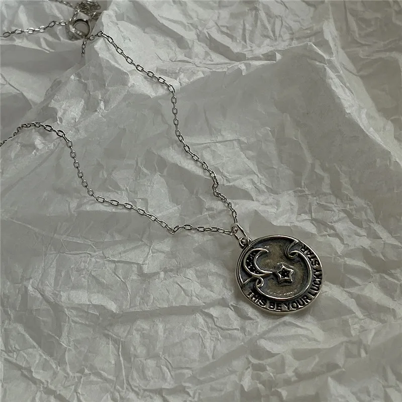 

RUIYI Real 925 Sterling Silver Women Vintage Make Old Moon Star Coin Pendant Necklace Female Simple Cold Wind Niche Necklaces