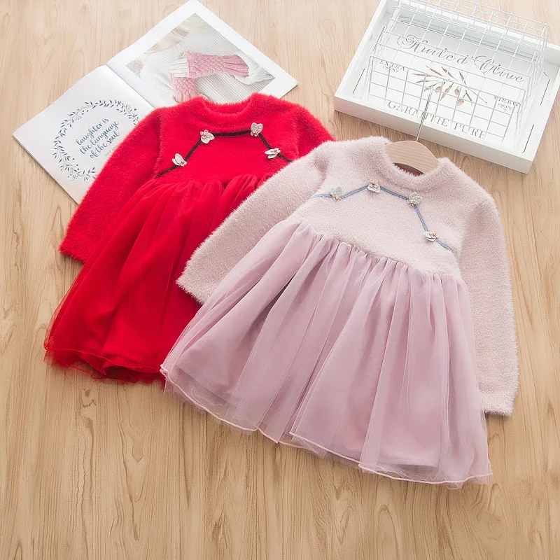 

Girls Mink Cashmere Beads Dress New Style Children Shirt Children Mink Cashmere Pearl Sweater One Piece Mesh Dress plus Velvet T
