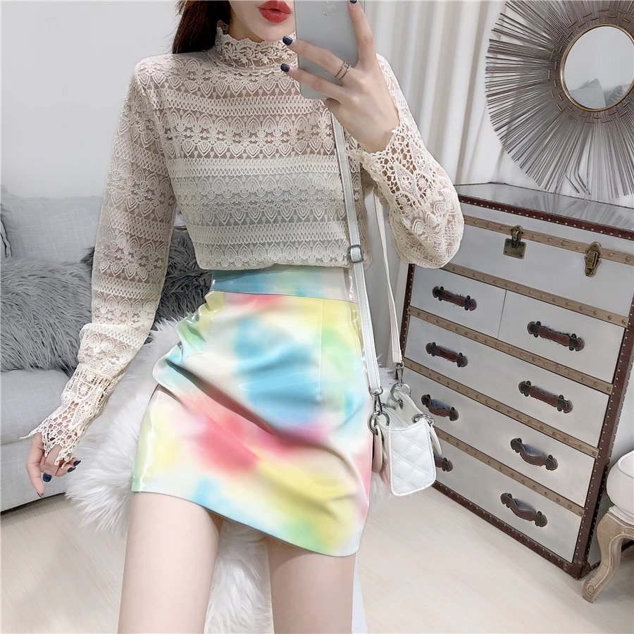 ALPHALMODA, новинка, радужная цветная женская модная юбка из искусственной кожи с высокой талией, Яркая модная мини-юбка трапециевидной формы из искусственной кожи для девочек