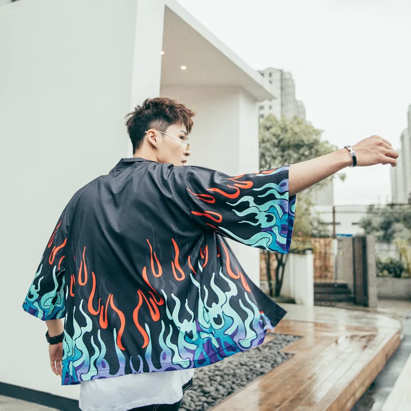 

Novelty Print Male Cardigan Japan Harajuku Anime Thin Robe Clothes Casual Beach Tops Japanese Style Kimono Streetwear Yukata