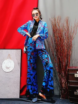 

2020 Original design French style office lady sapphire velvet wide-leg pants suit two-piece Leisure women sets