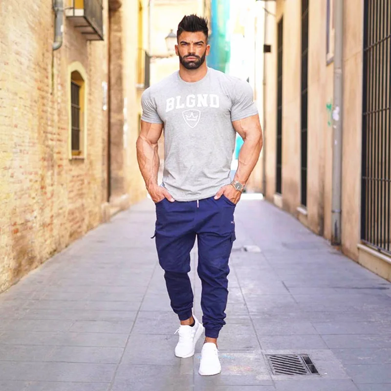 Muscle Kid Brother Fitness Short Sleeve T-shirt Men's Crew Neck Europe And America Sports Running Training Pure Cotton Shor