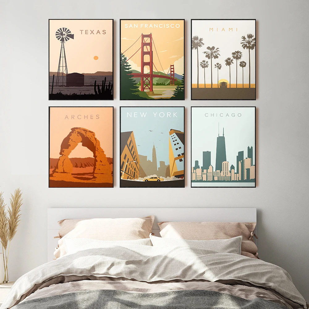 Nordic-Vintage-Travel-Cities-Poster-New-York-San-Francisco-Chicago-Texas-Landscape-Art-Canvas-Painting-Wall (2)