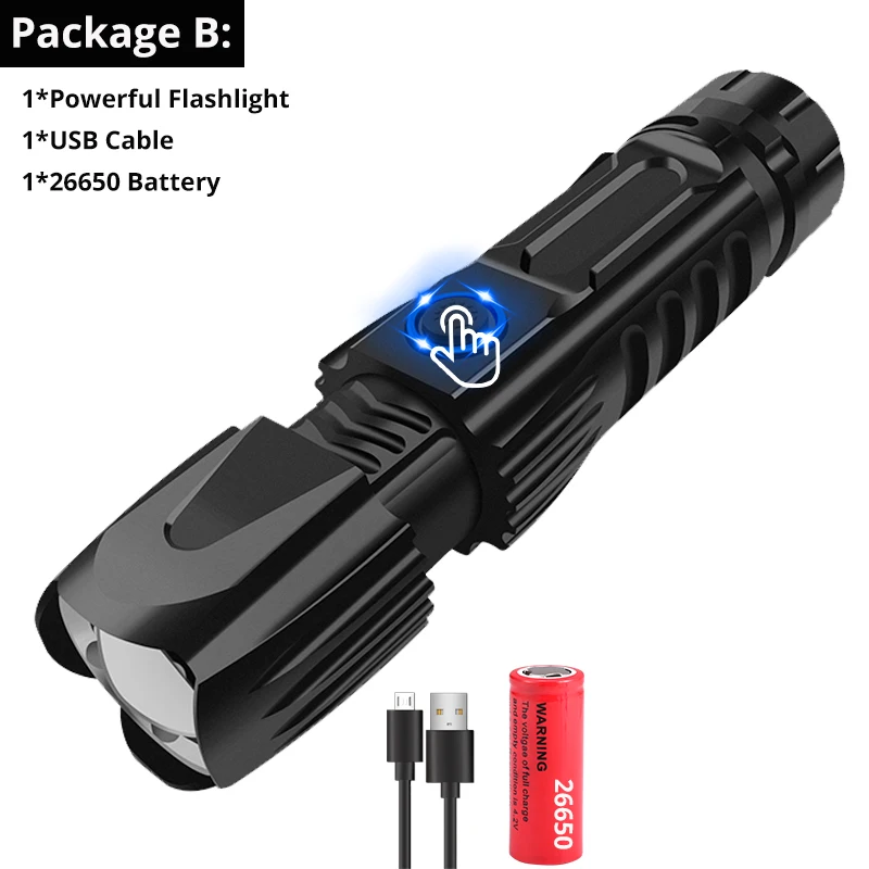 Мощный перезаряжаемый светодиодный фонарь XHP90 XHP70.2, тактический фонарь с водонепроницаемым зумом, аккумулятор 26650 со смарт-чипом - Испускаемый цвет: Package B
