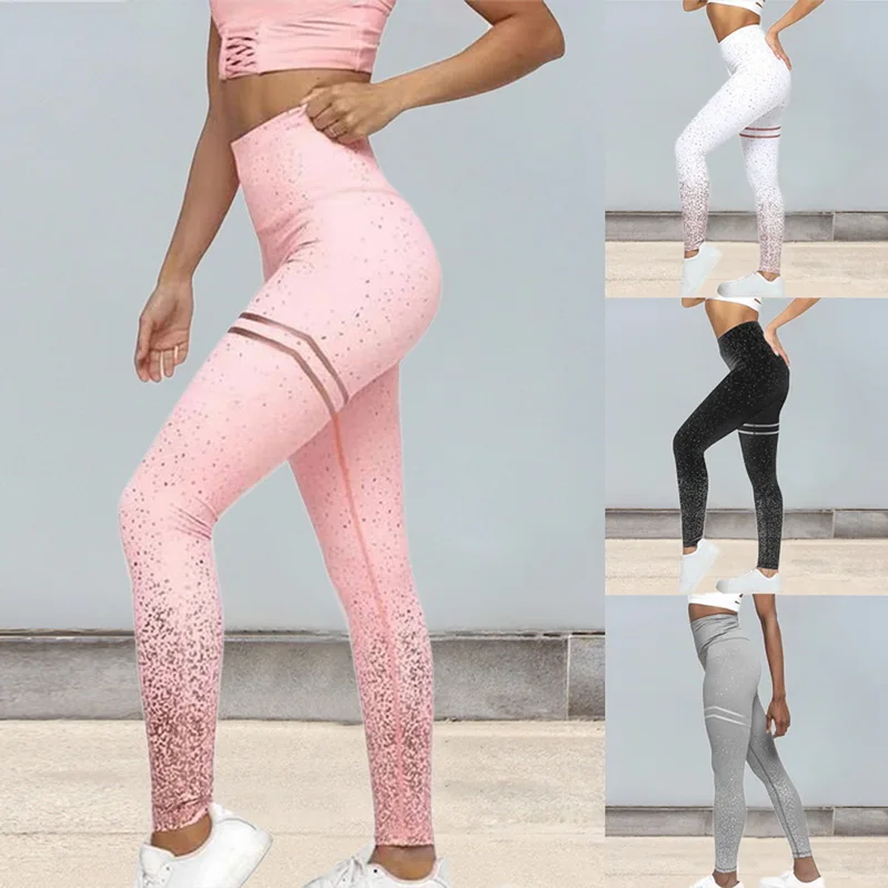 

Hot Sale Women Sexy Black Mesh Yoga Pants Gym Srtriped Printed Leggings Slim Fitness High Waist Leggings Workout 2019