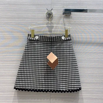 

High-end Design Women Mini Skirt 2020 Autumn New Fashion Sweet Wind Wavy Ribbon Lace A-line Zipper High Waist Plaid Short Skirts