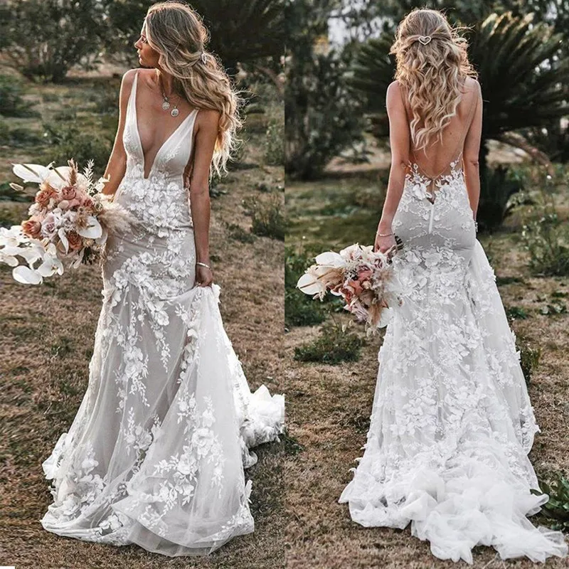 Vintage Mermaid Spaghetti Wedding Dress 2021 V-neck Backless Lace Appliques 3D Flowers Elegant Bride Gown With Train Custom Made | Свадьбы и