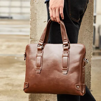 

Retro Men Solid Color Bag Faux Leather Briefcase Large Capacity Tote Shoulder Bag Casual Business Laptop Briefcase
