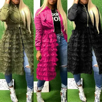 

2020 Spring Autumn Fashion Women Lady Mesh Lace Splice Coats Long Sleeve Zipper Frill Tulle Tutu Long Jacket Casual Outerwear