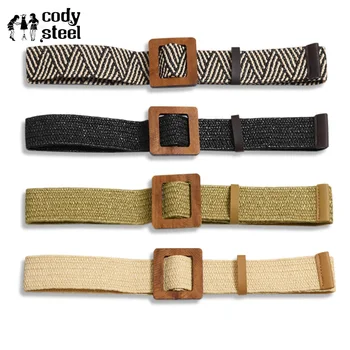 

Cody Steel Vintage Boho Braided Waist Belt Ladies Round Wooden Smooth Buckle Wide Belt Fashion Woman