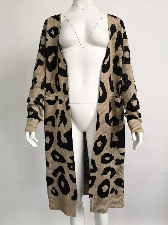 Уникальный натуральный женский леопардовый кардиган свитер открытый передний теплый длинный рукав Свободный вязаный пальто с карманами