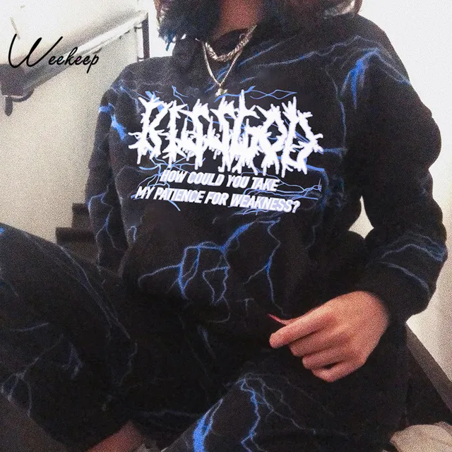 US $14.46 Weekeep Pullover Lightning Print O-neck Long Sleeve Sweatshirt Women Streetwear Fashion Spring Autu