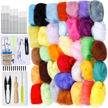 

ZXIIXZ 36Colors Wool Needle Felting Kit Fabric Craft Yarn Roving DIY Felting Needle with Basic Wool Needlework Accessories