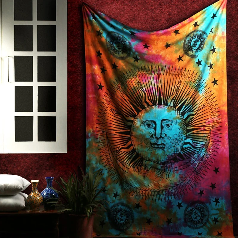 

Psychedelic Sun Moon Stars Mandala wall tapestry Hippie Celestial macrame wall hanging India Trippy boho decor Tapestries