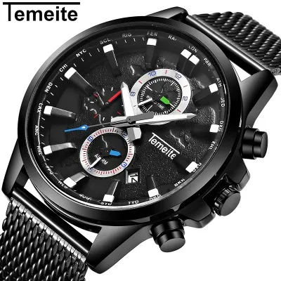 

Men Watch Quart Watch Fashion TEMEITE Brand Multifunctional Calendar Luminous Hand Waterproof Mesh Strap Watches for Mens Gifts