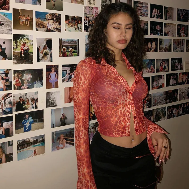 Leopard Print Top Women Stylish Y2K V Neck Short Cardigan Streetwear Autumn Fashion Long Sleeve Buttons Top Clothing for Women