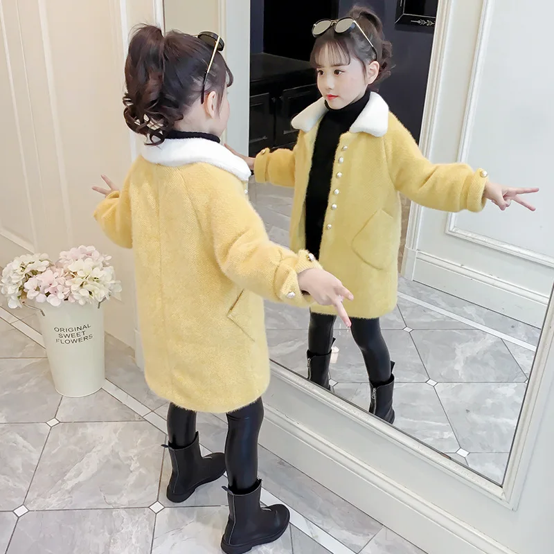 

Girls Faux Mink Cashmere Coat 2019 New Style Winter Children Wool GIRL'S Western Style Mid-length Woolen Overcoat