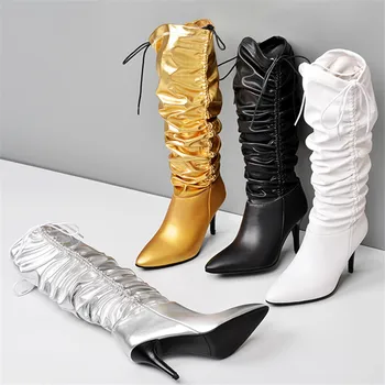 

2020 Genuine Leather Pleat Stretch Multifunction Women Boots Glitter Thin High Heels Cowhide Pure Color High Quality Shoes 8.5cm