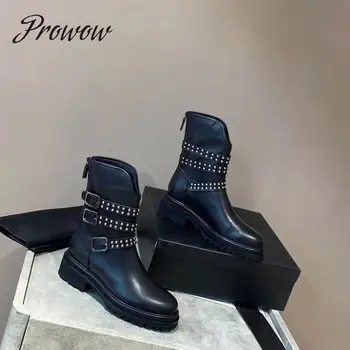 

Prowow New Genuine Leather Meatal Studded Ankle Boots Round Toe Zip Back Low Heel High Quality Boots Shoes Women