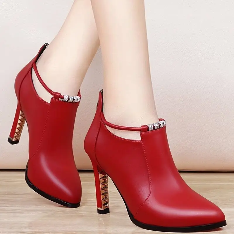 

Women Ankle Boots Spring Autumn High Heel 8.5 cm High Heels Black red Pointed toe Shoes C334