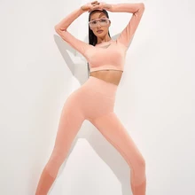 Conjunto feminino sem costura yoga, peça top manga comprida cintura alta conjunto esportivo calça legging fitness academia