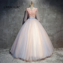 Лидер продаж 3/4 рукавом бальные платья Hot9 одежда с кружевами и жемчугом бальное платье длинное платье для выпускного вечера Пышное Платье с низким вырезом на спине милое 16 платье светится в течение 15 лет