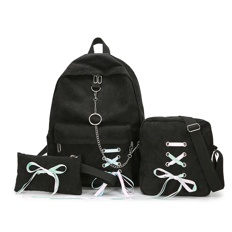 Модный вельветовый женский рюкзак из трех частей, Молодежная школьная сумка для девочек, Большой Вместительный рюкзак для компьютера, женские сумки для отдыха и путешествий - Цвет: black2