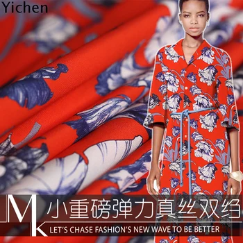 

elastic silk fabric mulberry plants print red crepe de Chine 19 summer