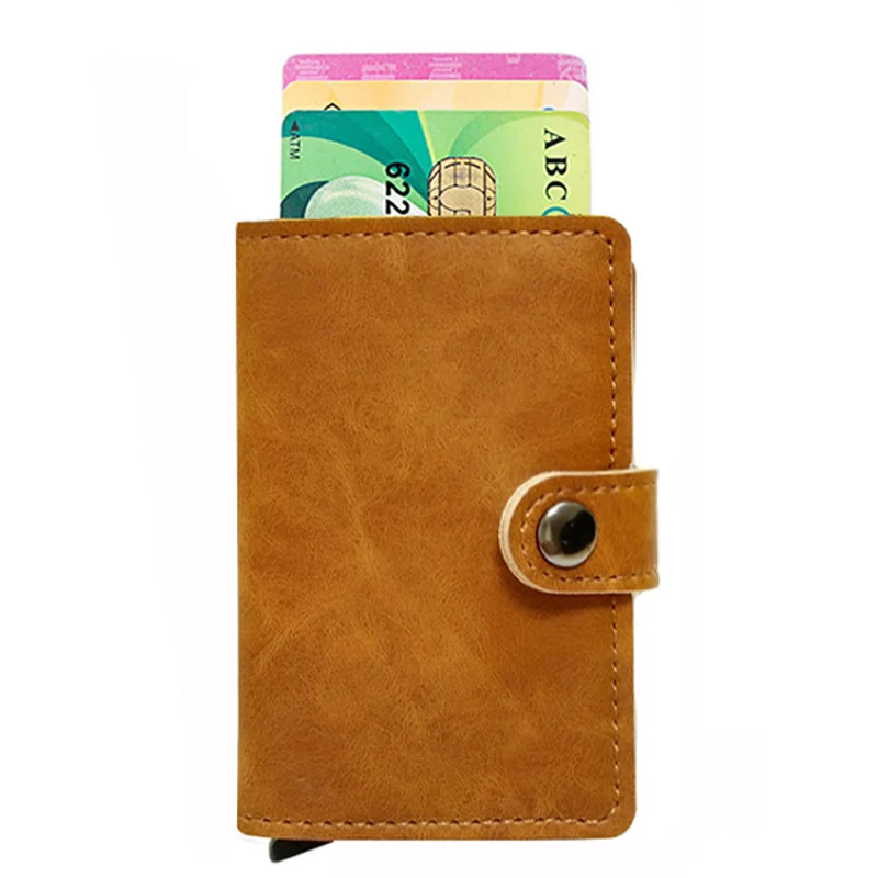 Новейший мужской держатель для Карт RFID алюминиевый сплав кредитный держатель для карт металлический кожаный бумажник Противоугонный мужской автоматический Чехол для карт - Цвет: Brown