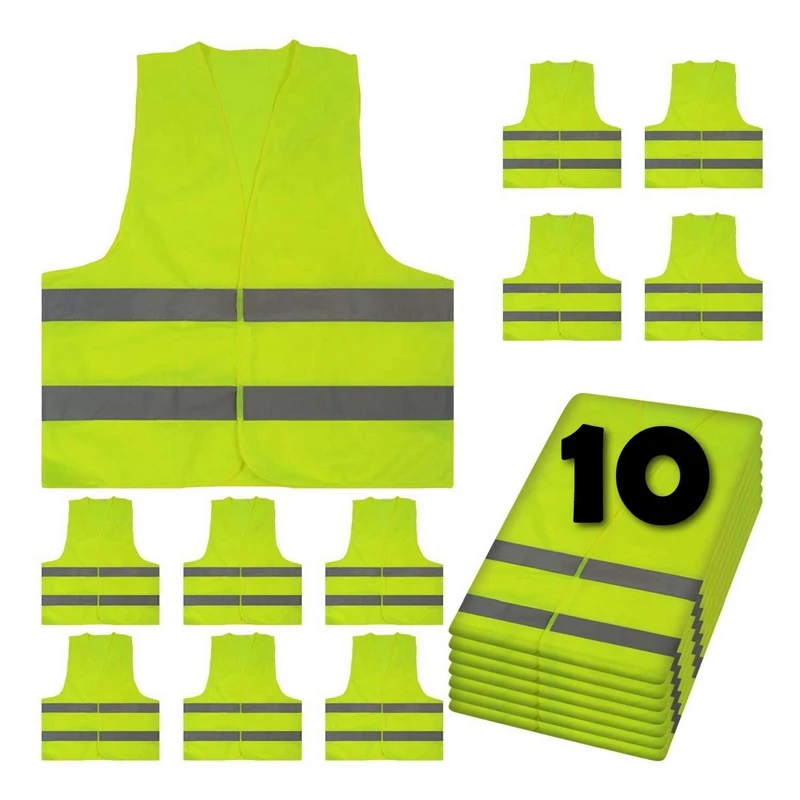 10 шт. зеленый светоотражающий Безопасный Жилет с высокой видимостью с серебристой полоской Hi Vis для мужчин и женщин, для работы, строительства, велоспорта, бега C