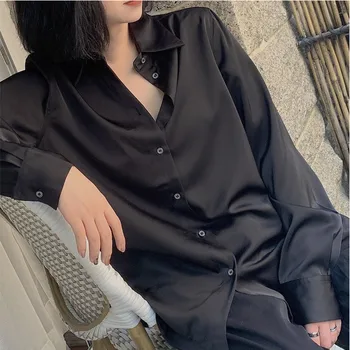 

Women Black Blouse Casual Loose Long Sleeve Acetate Shirt Spring Autumn Niche Tops