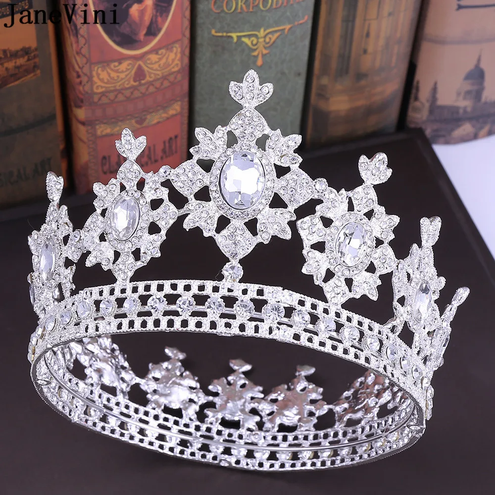 JaneVini Luxurious Crystal Hair Jewelry Beaded Rhinestones Red Round Bridal Crown Metal Wedding Hairpiece Bride Headwear Baroque